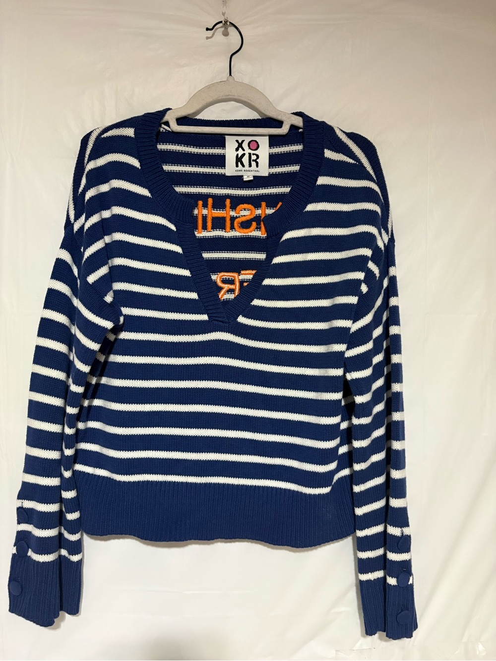 XOKR Navy and White Striped V-Neck Sweater